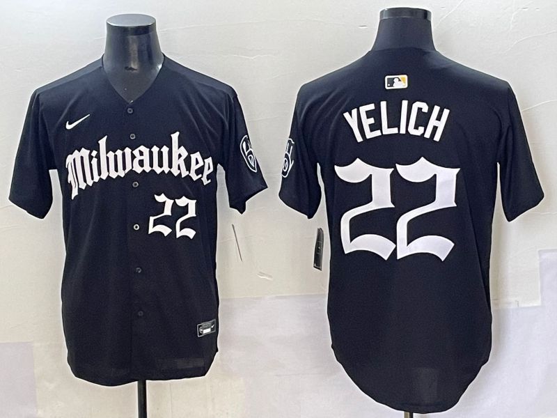 Men 2025 Milwaukee Brewers #22 Yelich Black Five generations Joint Name Nike MLB Jersey style 9